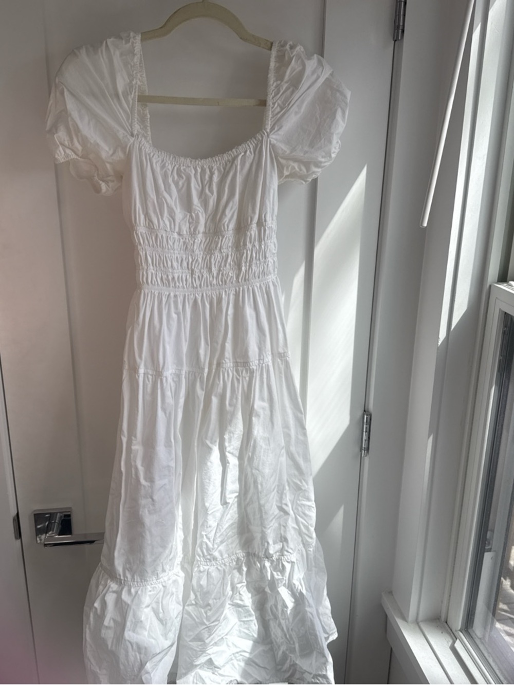 Aritzia White Puff Sleeve Smocked Maxi Dress